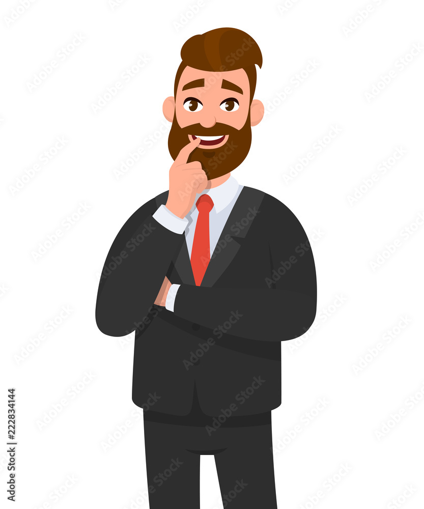 Happy young businessman holding index finger on mouth while crossed arm pose. Emotion and body language concept in cartoon style vector illustration. Happy young businessman holding index finger on mouth while crossed arm pose. Emotion and body language concept in cartoon style vector illustration.