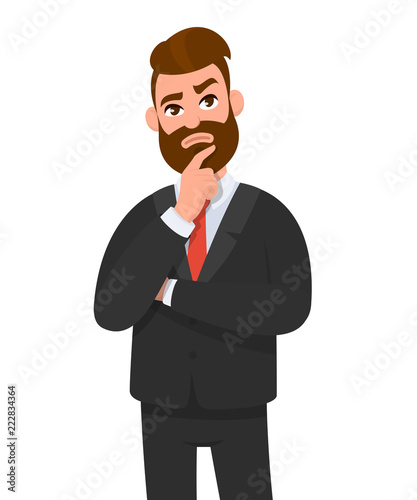 Young businessman thinking something and crossed arm and holding index finger on jaw. Thoughtful businessman looking up thinking concept. Emotion and body language concept in cartoon vector style.