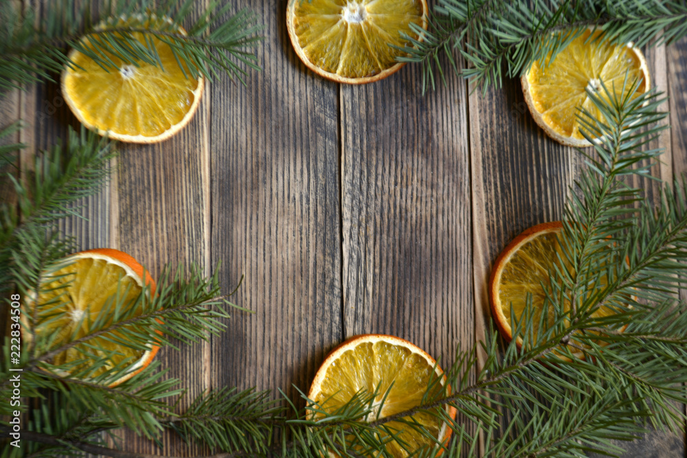Christmas and new year background pine branches and dried oranges