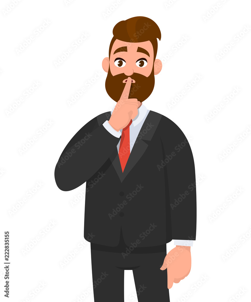 Business man asking silence please. Keep quiet. Man closed his mouth with finger. Shut up! Emotion and body language concept in cartoon style vector illustration. Business man asking silence please. Keep quiet. Man closed his mouth with finger. Shut up! Emotion and body language concept in cartoon style vector illustration.