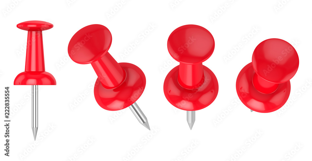 Collection of various push pins isolated on white background, 3d rendering - obrazy, fototapety, plakaty 