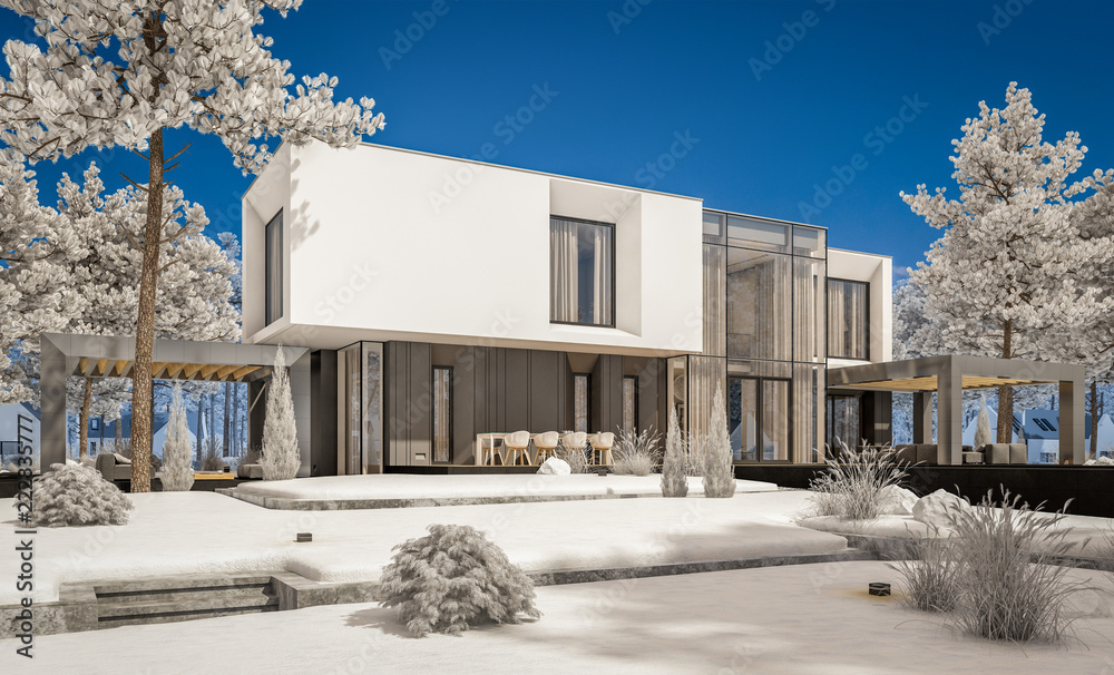 3d rendering of modern cozy house with garage and garden. Cool winter day with shiny white snow. For sale or rent with beautiful white spruce on background