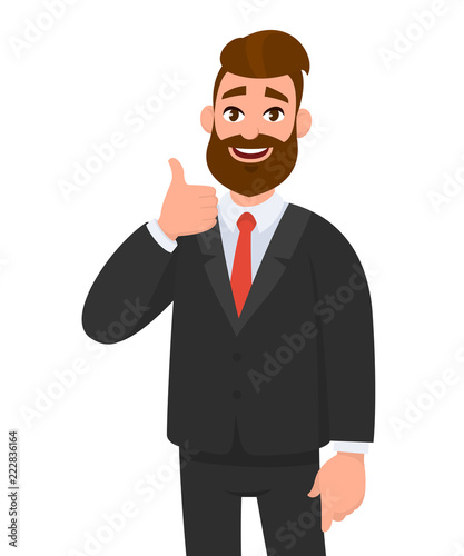 Portrait of excited business man dressed in black formal wear showing thumbs up sign. Deal, like, agree, approve, accept illustration concept in cartoon vector style.