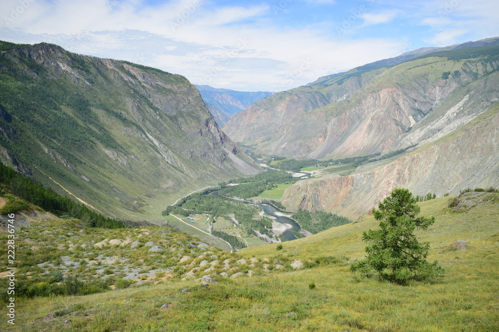 View from Katu-Yaryk mountains pass to Chulymshan river valley in Altai mountains