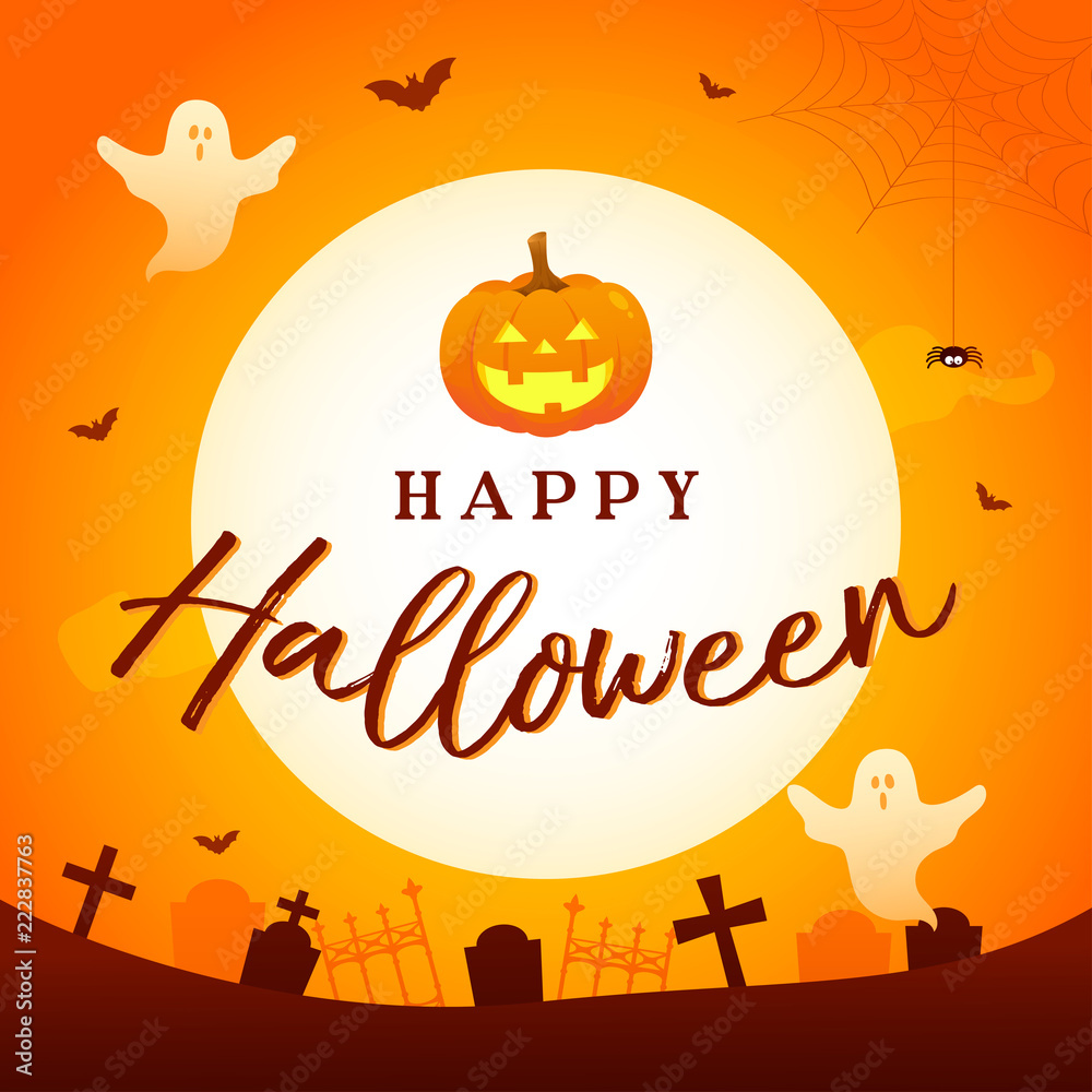 Happy Halloween vector illustration. Full moon with graveyard and spooky ghost on orange background.