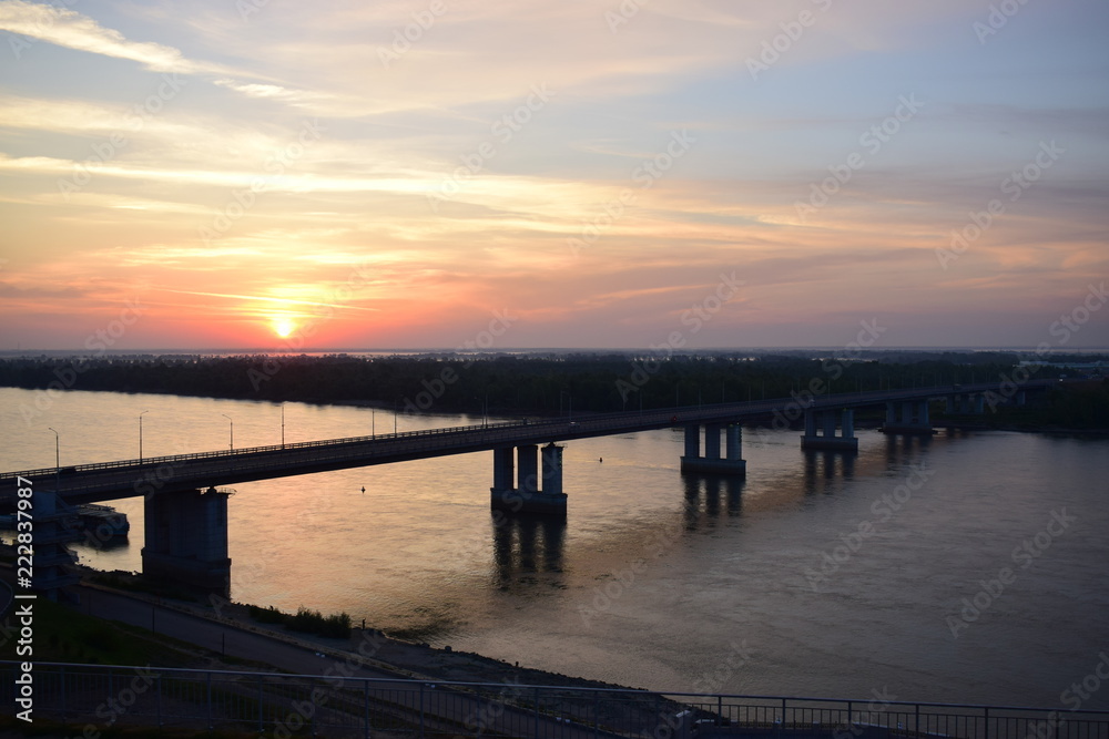 Sunrise over the Ob river banks in Barnaul city of Altai mountains