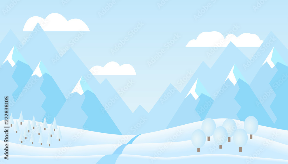 Flat design illustration of winter mountain landscape with hills, trees under blue sky and cloud, suitable as Christmas or New Year greeting card