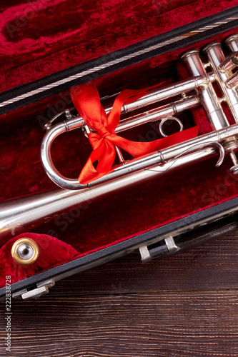 Trumpet or cornet in velvet case. Traditional trumpet with red ribbon, top view. Vintage musical instrument.