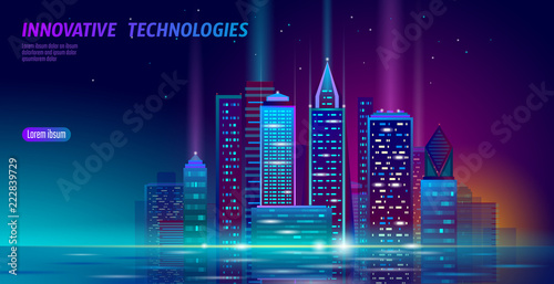Smart city 3D neon glowing cityscape. Intelligent building automation night futuristic business concept. Web online vivid color cyberpunk retrowave. Urban technology banner vector illustration