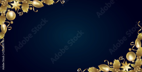 Realistic Christmas New Year red holly berry gold corner. Vintage winter holiday decoration design element background template 3d render mesh gradient seasonal golden vector illustration