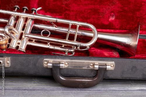 Trumpet in case close up. Instrument of jazz music. Gift for music professionals.