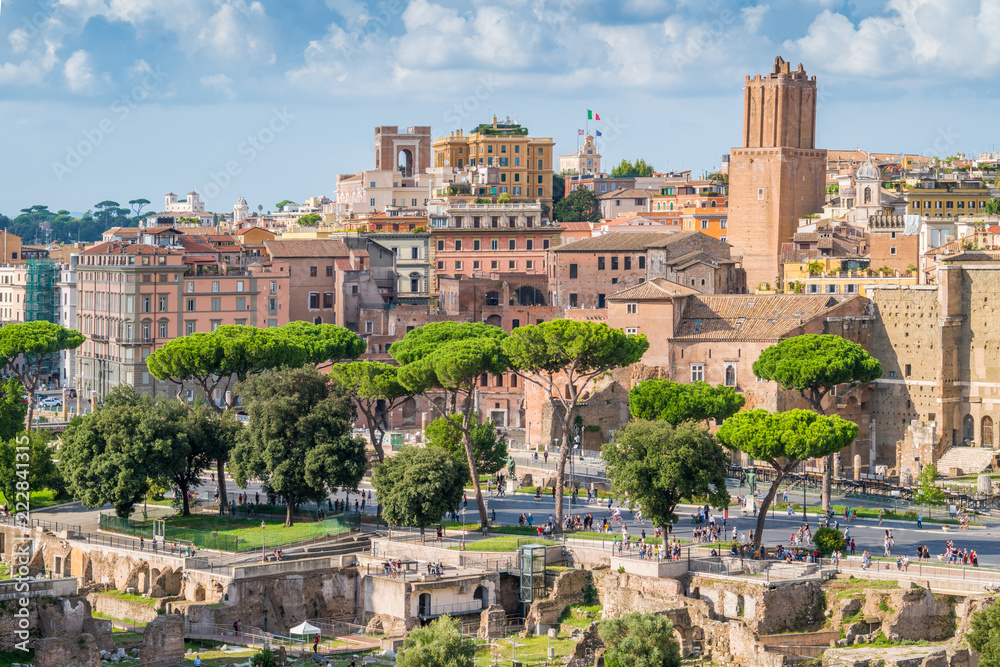 Scenic sight in the Roman Forum, with the Tower of the Militia and the Trajan's Market. Rome, Italy.