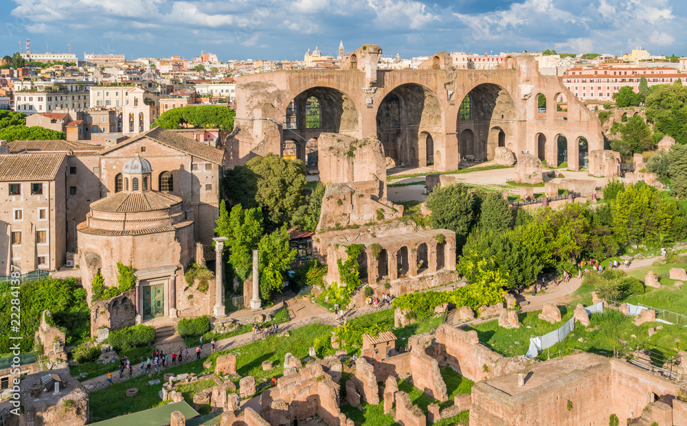 The Basilica of Maxentius and the Temple of Romulus in the roman forum. Rome, Italy.