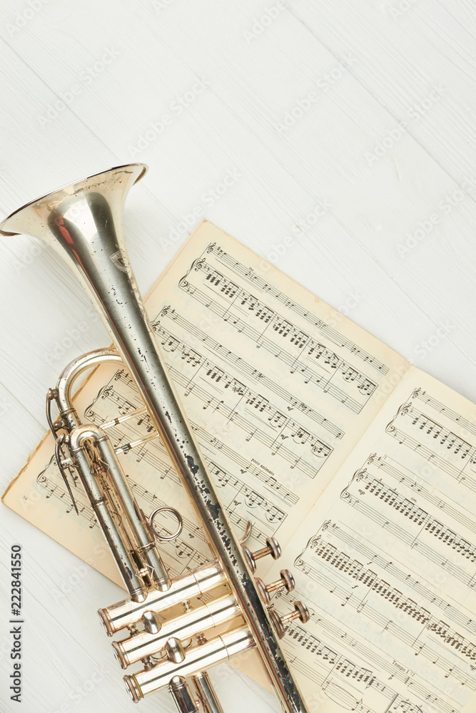 Obraz premium Rusty trumpet on musical notes, top view. Music notes book and trumpet with clipping path. Classical wind instrument.