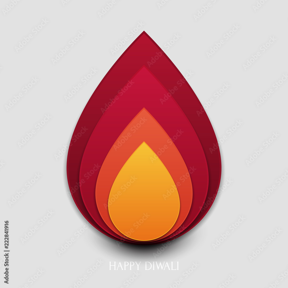 Fototapeta premium Happy Diwali festival of lights. Graphic concept with fire flame shape. Abstract holiday colorful background for card, cover, poster in modern stylized paper cut style. Vector illustration.