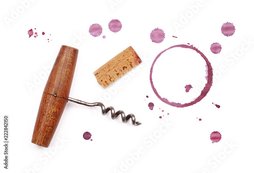 Red wine cork, opener and stain rings isolated