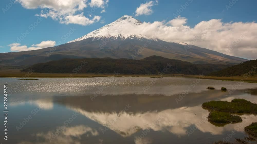 Cotopaxi Volcano, Ecuador, reflected in a lake (Laguna Limpiopungo), Time-lapse. On a windy day with clouds blowing over the mountain Cotopaxi Volcano, Ecuador, reflected in a lake (Laguna Limpiopungo), Time-lapse. On a windy day with clouds blowing over the mountain