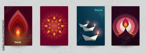 Happy Diwali festival beautiful design template. Minimal composition in paper cut style. Set holiday background for branding greeting card, banner, cover, flyer or poster. Vector illustration.