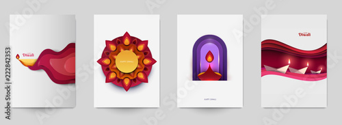 Happy Diwali festival beautiful design template. Minimal composition in paper cut style. Set holiday background for branding greeting card, banner, cover, flyer or poster. Vector illustration.