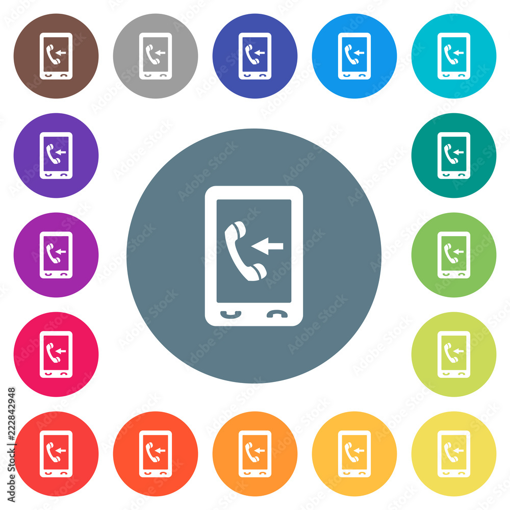 Mobile incoming call flat white icons on round color backgrounds