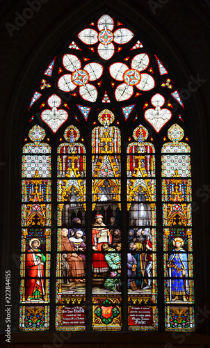 Stained glass window in old church in Belgium