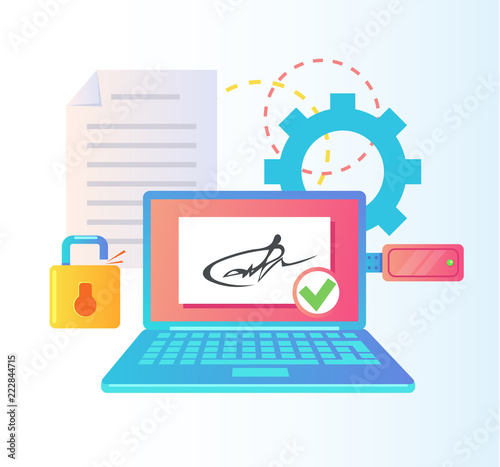 Electronic online digital signature stamp on usb laptop computer monitor ps. Web internet document contract agreement business concept. Vector flat cartoon graphic design illustration