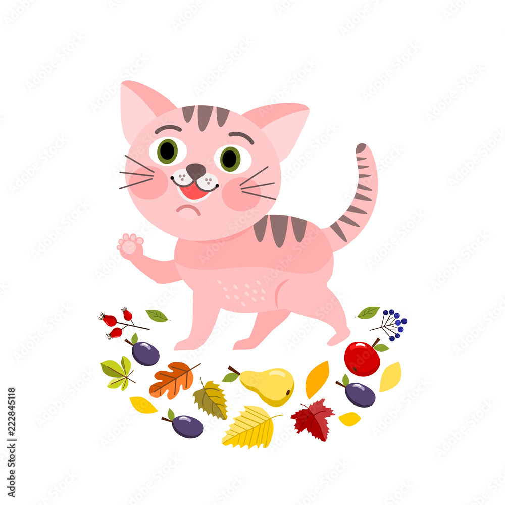 Pink little cat with autumn leavess and fruits, Autumn greeting card, vector illustration Pink little cat with autumn leavess and fruits, Autumn greeting card, vector illustration