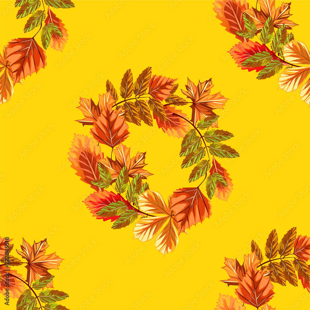 Cute poster or greeting card with modern design on theme of golden autumn. Ornate backdrop of fallen autumn tree leaves of maple, rowan and and wreath of leaves. Vector cartoon close-up illustration. Cute poster or greeting card with modern design on theme of golden autumn. Ornate backdrop of fallen autumn tree leaves of maple, rowan and and wreath of leaves. Vector cartoon close-up illustration.