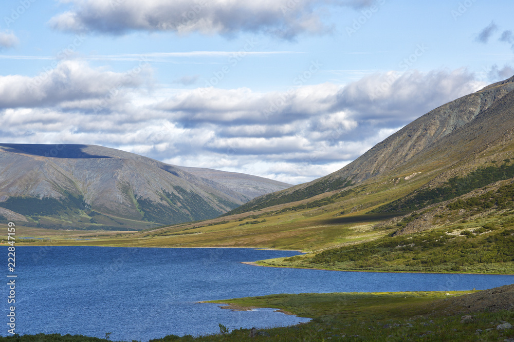 Polar Urals, a summer landscape with mountains and a lake of Hadat.