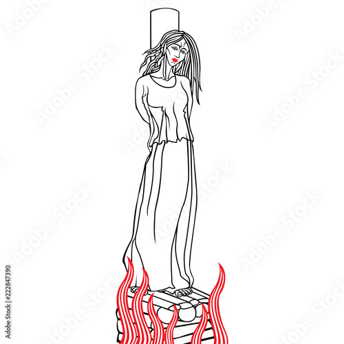 Burning a woman at the stake on charges of witchcraft.