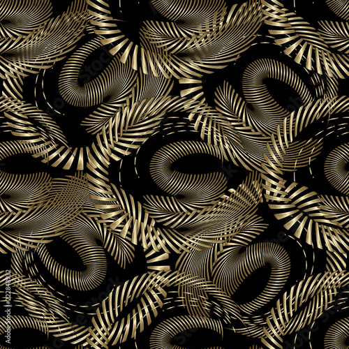 Intricate abstract gold 3d vector seamless pattern. Modern ornamental geometric fractal background. Radial stripes, lines, fractal shapes, curves, circles. Textured design. Luxury ornament for design