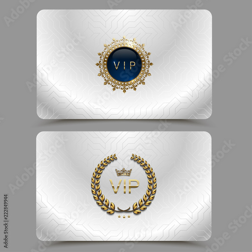 Vector silver metallic vip card presentation. VIP membership or discount card with golden crown, laurel wreath. Luxury club ticket. Elite geometric pattern background coupon