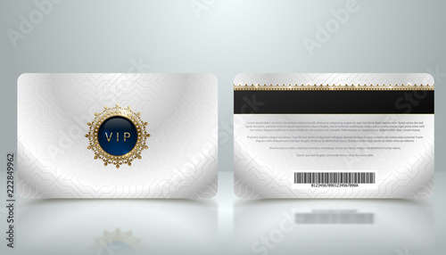 Vector template of membership or loyalty silver metallic VIP card with luxury geometric pattern. Front and back design presentation. Premium member, gift plastic card with golden crown, gem, barcode.