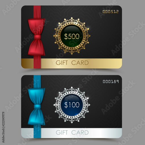 Gift card voucher with red and blue bow ribbon. Black vector plastic card, golden silver line design template. Set of discount certificates. Premium promotional coupons 100 and 500 dollars value.