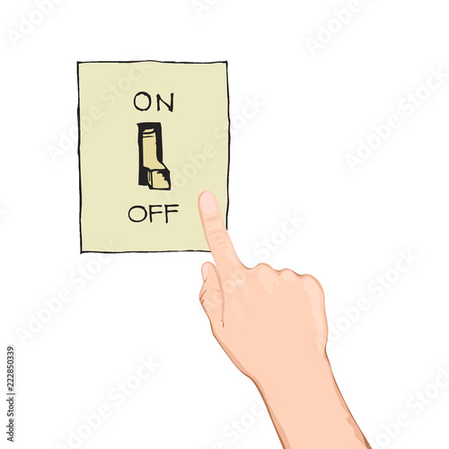 Toggle switch. Electric control concept. Vector graphic design. Isometric icon. Hand turning on the light