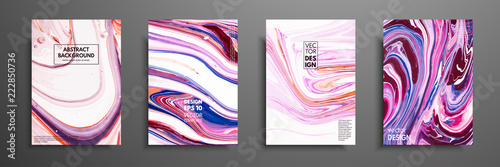 Set of universal vector cards. Liquid marble texture. Colorful design for invitation, placard, brochure, poster, banner, flyer. Artistic covers design. Creative fluid colors backgrounds.