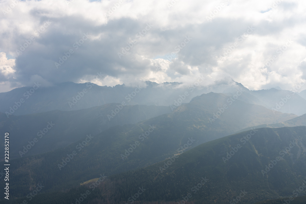 Naklejka premium Beautiful wooded mountains covered with fog. Polish tatras.