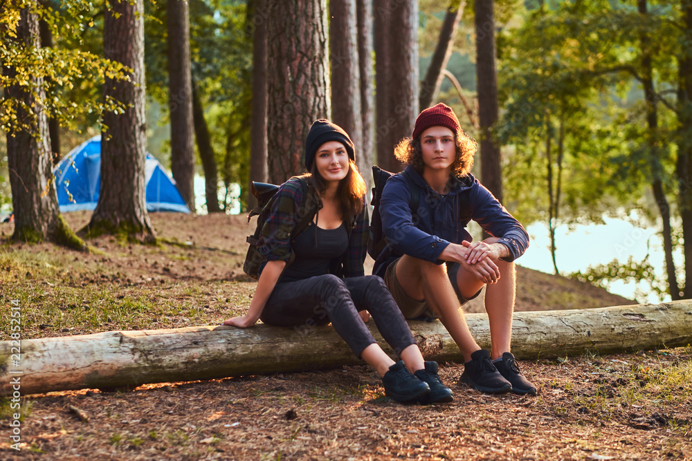 Hiker couple sitting together on a tree trunk in a beautiful forest at sunset. Travel, tourism, and hike concept.