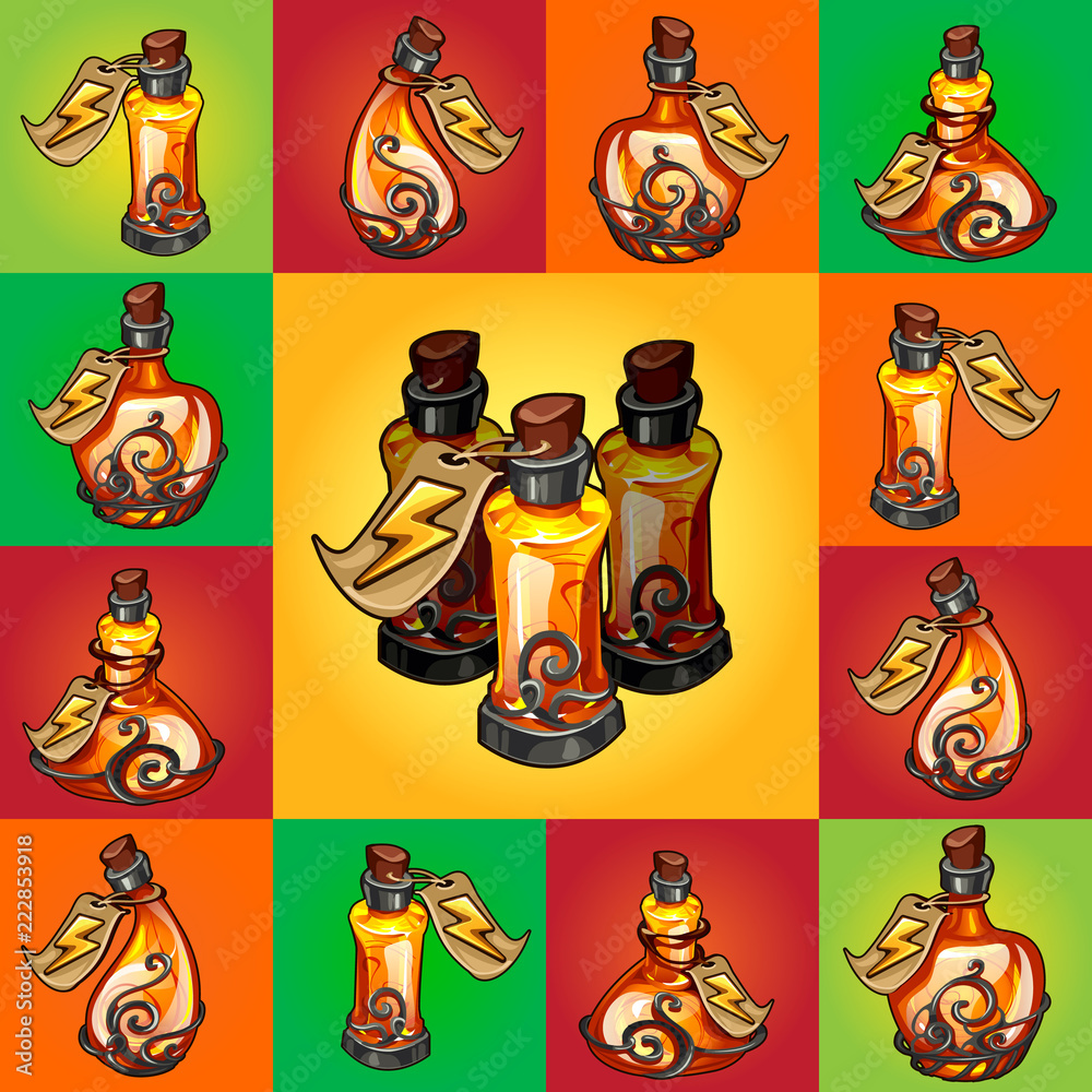 Set of magic potions, perfume or essential oil in glass flasks isolated on multicolored background. Sketch for stickers, card, wrapping paper. Cartoon vector close-up illustration