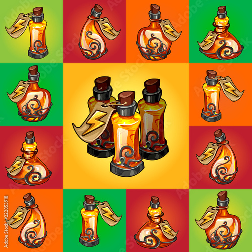 Set of magic potions  perfume or essential oil in glass flasks isolated on multicolored background. Sketch for stickers  card  wrapping paper. Cartoon vector close-up illustration