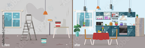Kitchen before and after repair. Home interior renovation. Vecto