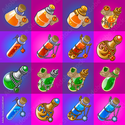 Set of magic potions in glass flasks isolated on pink and purple background. Sketch for stickers, card, seamless texture for wrapping paper on theme of alternative medicine. Cartoon vector close-up.