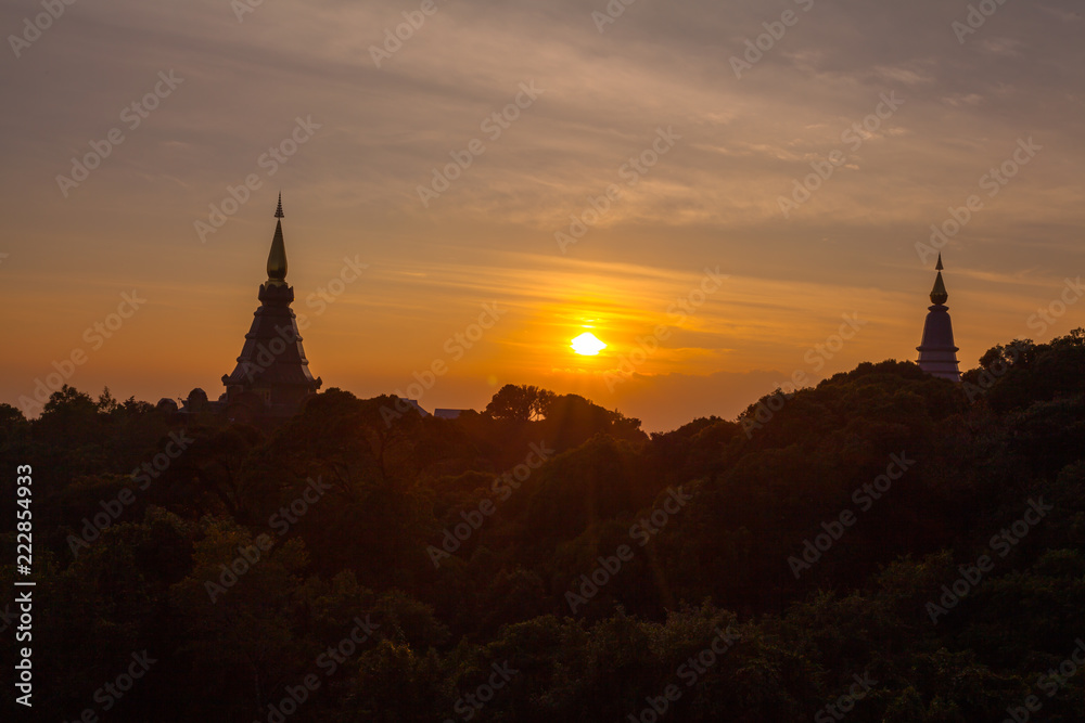 sunset between Noppamethanedol and Noppapol Phumsiri pagoda on Doi Inthanon national park..Doi Inthanon national park is the highest mountain of Thailand