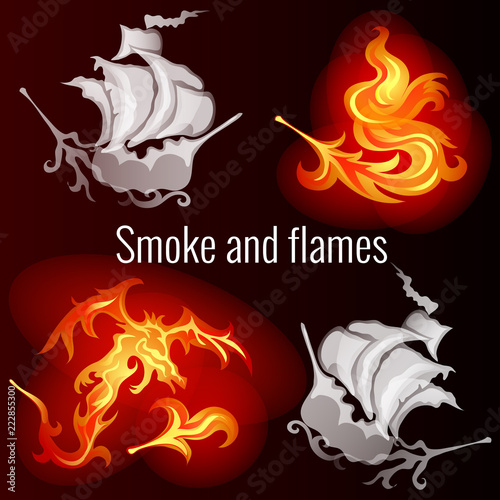 Sketch for a poster on the theme of fire and smoke. Patterns in the form of ships, the dragon and the fiery feather of a fire bird. Vector cartoon close-up illustration.