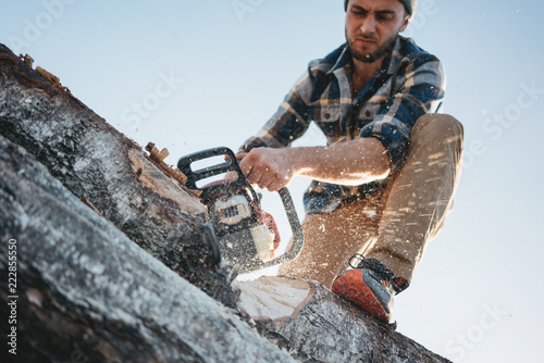 Strong bearded lumberjack in plaid shirt sawing tree with chainsaw, wood chips fly photo