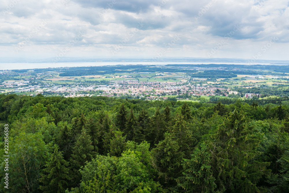 Germany, Above Markdorf village and nature landscape of lake constance vacation area