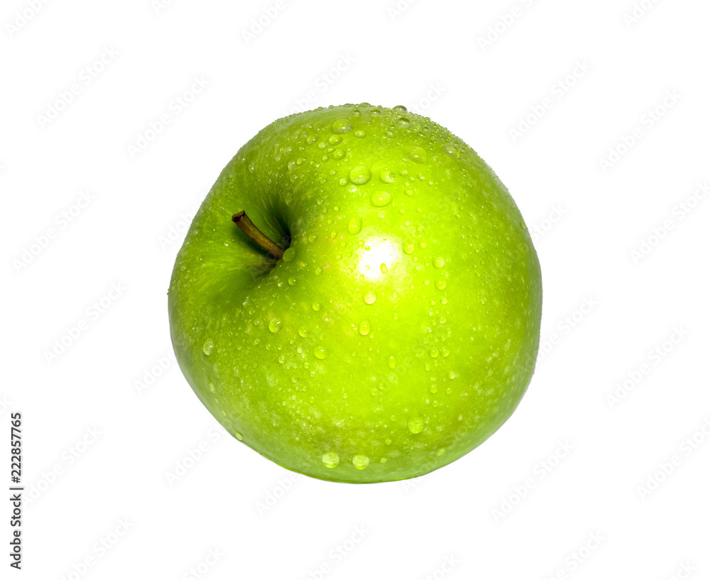 green apple with dew isolated on white background. food, healthy green apple with dew isolated on white background. food, healthy