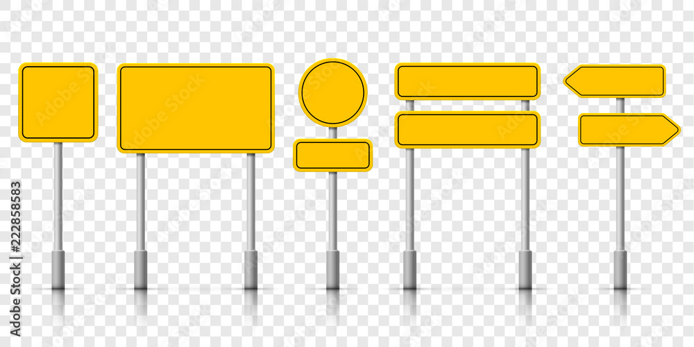 Yellow street road sign boards. Vector roadsign alert notice - obrazy, fototapety, plakaty 