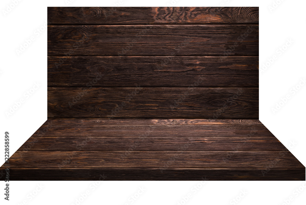 Naklejka premium Wooden shelves, table and wooden planks background