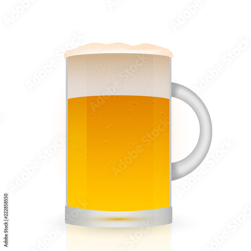 Realistic mug of beer isolated on white. Light lager beer froth and bubbles vector illustration. Oktoberfest theme.